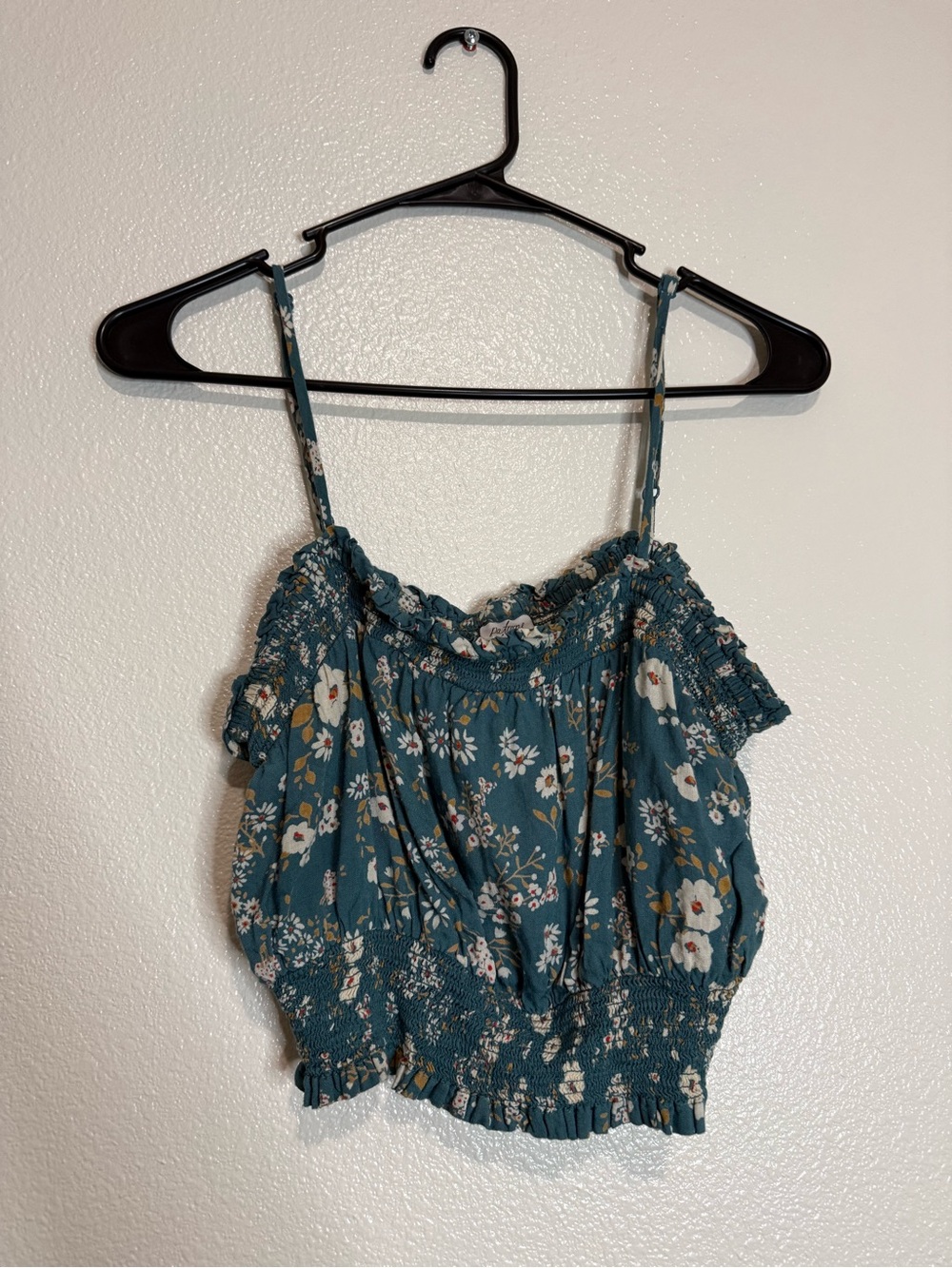 PATRONS OF PEACE Floral Smocked Teal Crop Tank Top - Women Size S (Box E)